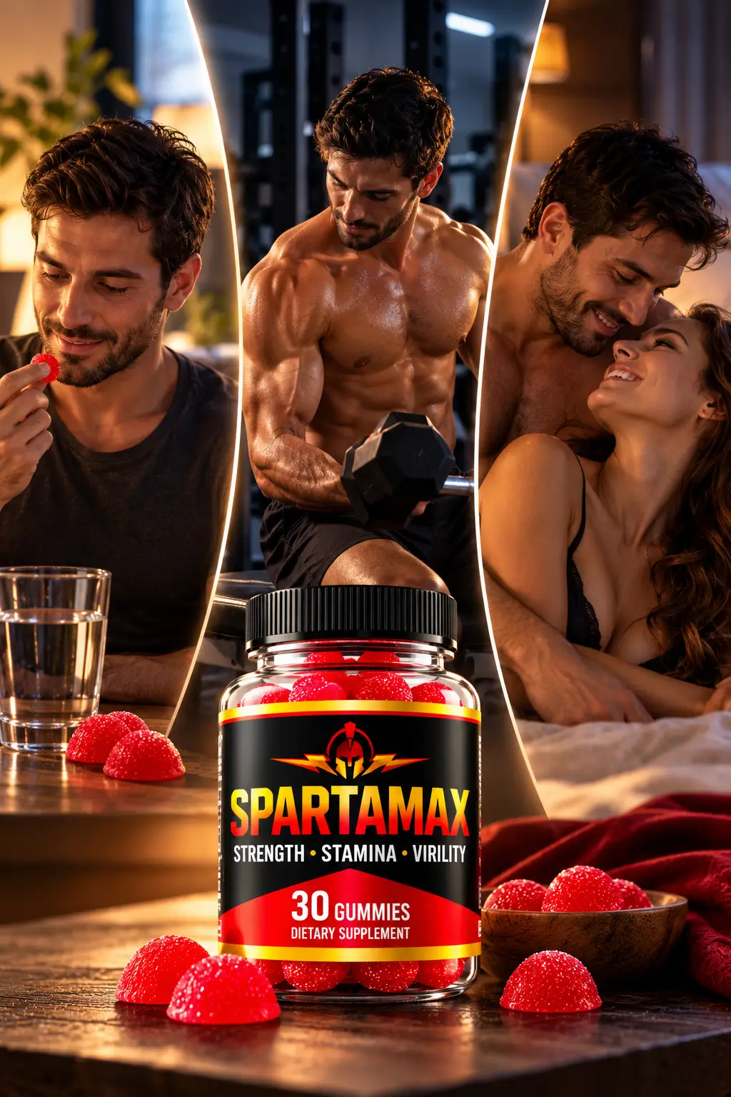 SpartaMax gummy supplement with a man taking a gummy, a muscular man training at the gym, and a happy couple