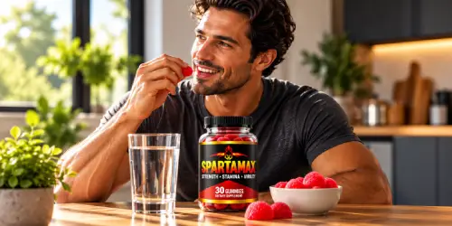 Man holding a red SpartaMax gummy beside the product bottle and a glass of water